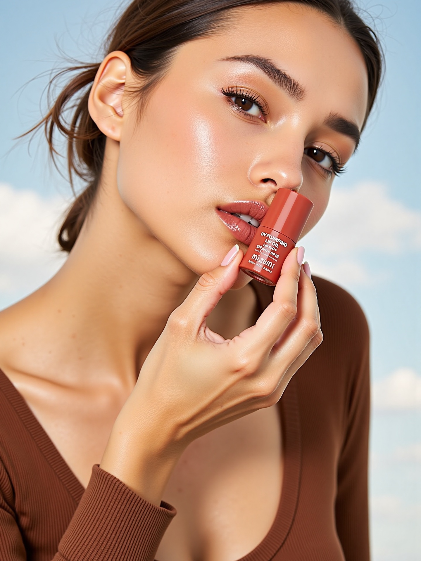 The image features a close-up of a woman’s face,  focusing on her lips and the beauty product she is holding. She has smoo...