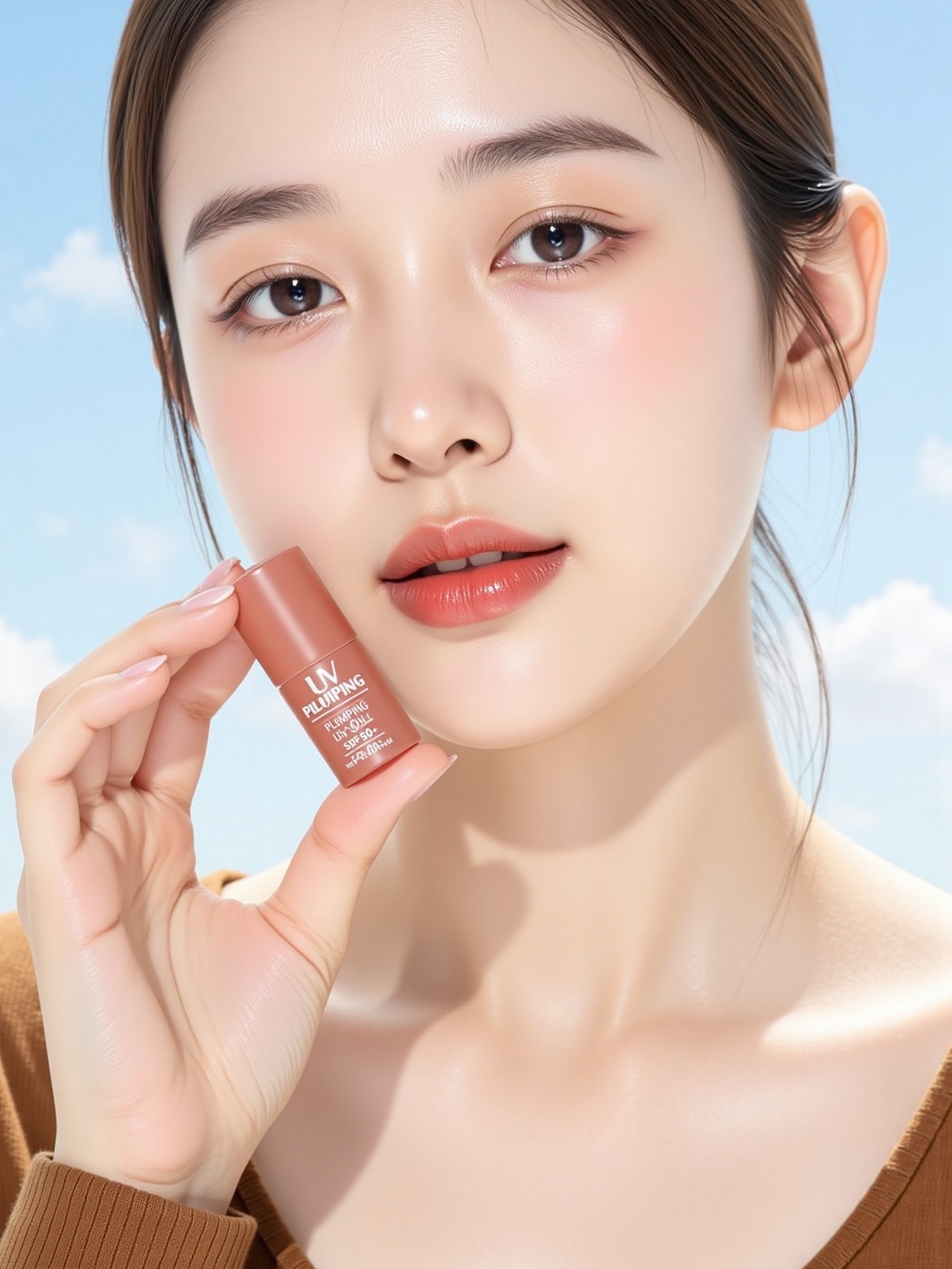 The image features a close-up of a woman’s face,  focusing on her lips and the beauty product she is holding. She has smoo...