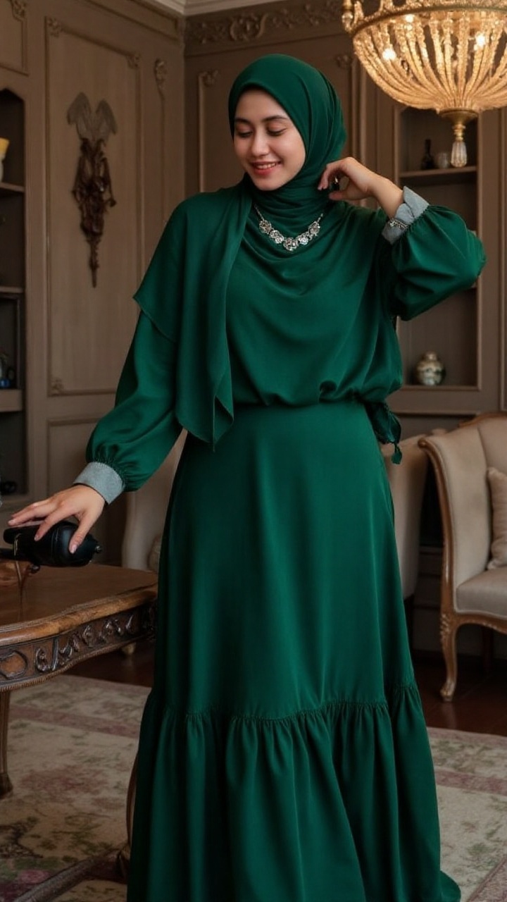 A fashionable woman in a deep emerald green hijab,  paired with a flowy,  satin maxi dress on Tensor.Art
