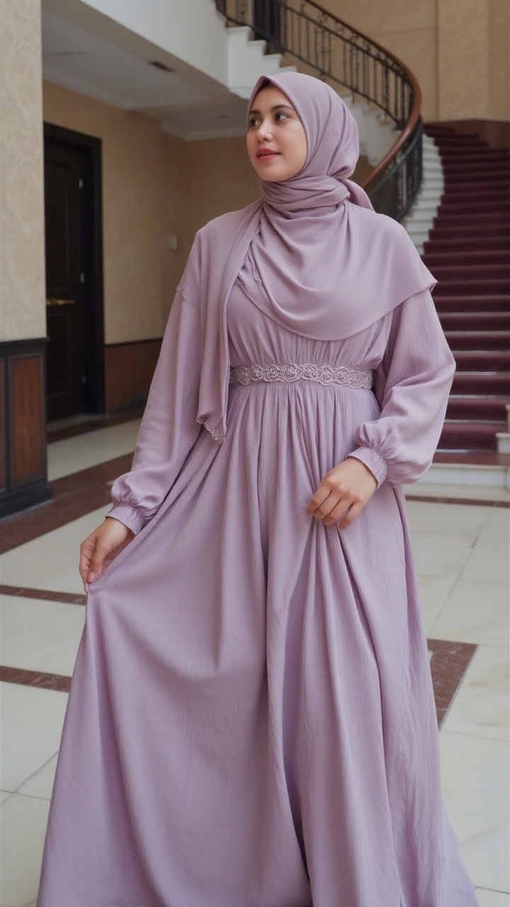 A graceful woman dressed in a flowing lilac gown with a delicately draped lavender hijab stands near a grand staircase in...