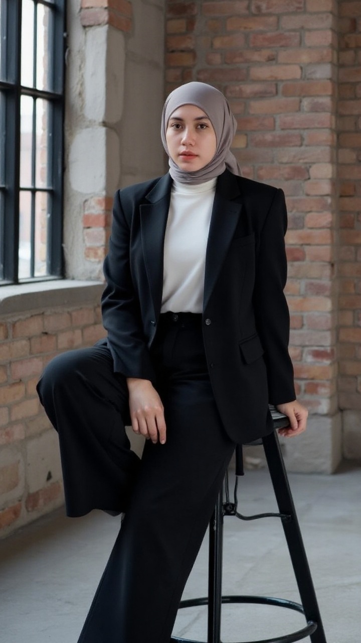 A chic woman wearing a black,  structured blazer over a white turtleneck,  paired with a silk gray hijab on Tensor.Art