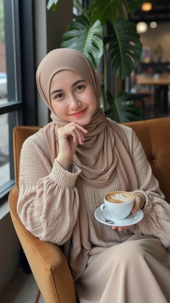 A trendy young woman in a beige,  oversized sweater and a mocha brown hijab sits on a cozy,  modern cafe chair near a larg...