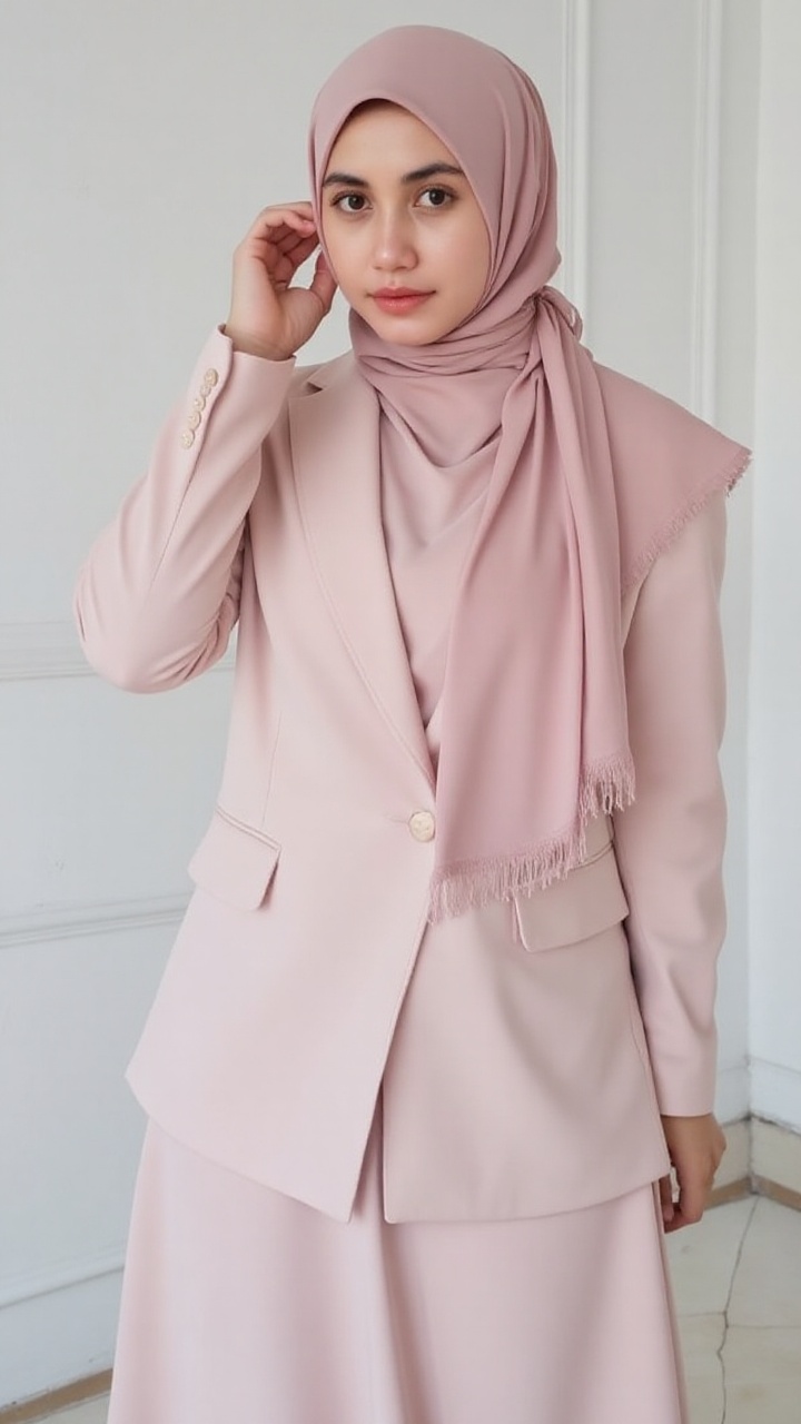 A stylish young woman wearing a sleek,  pastel pink hijab and a matching elegant blazer dress poses confidently in a minim...