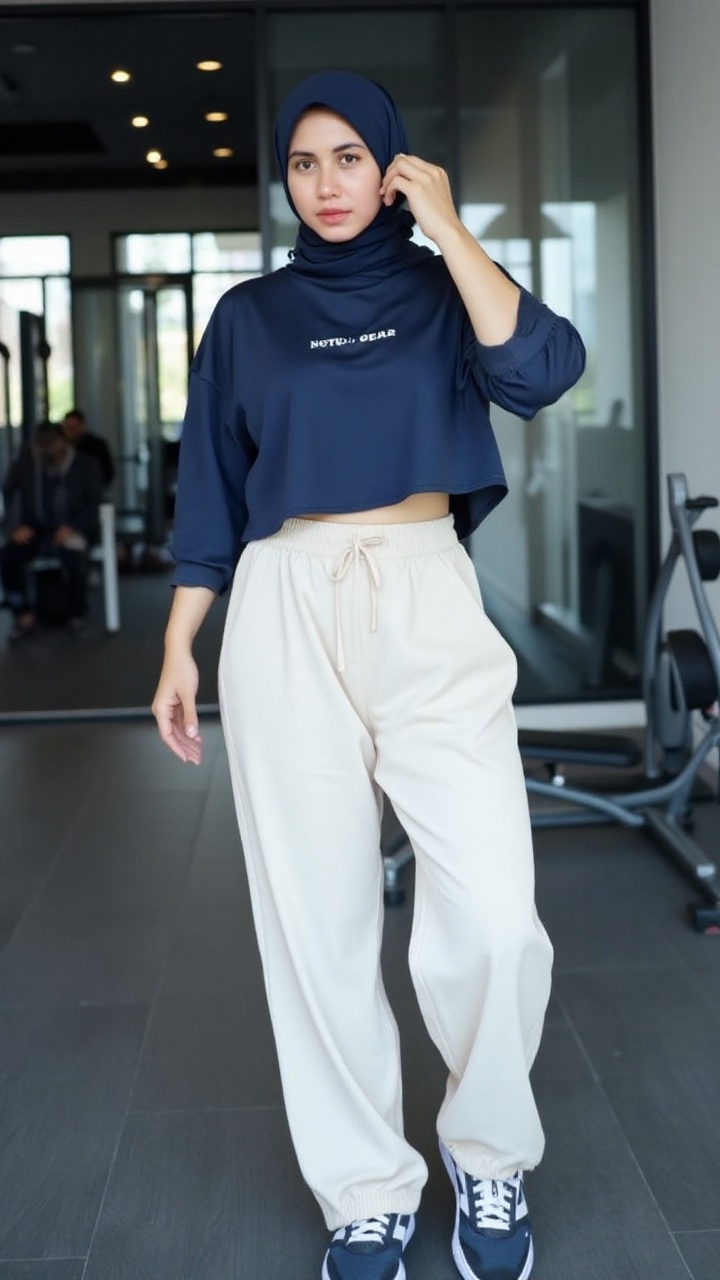 A modern woman in a sporty,  casual outfit—loose white joggers,  a cropped hoodie on Tensor.Art