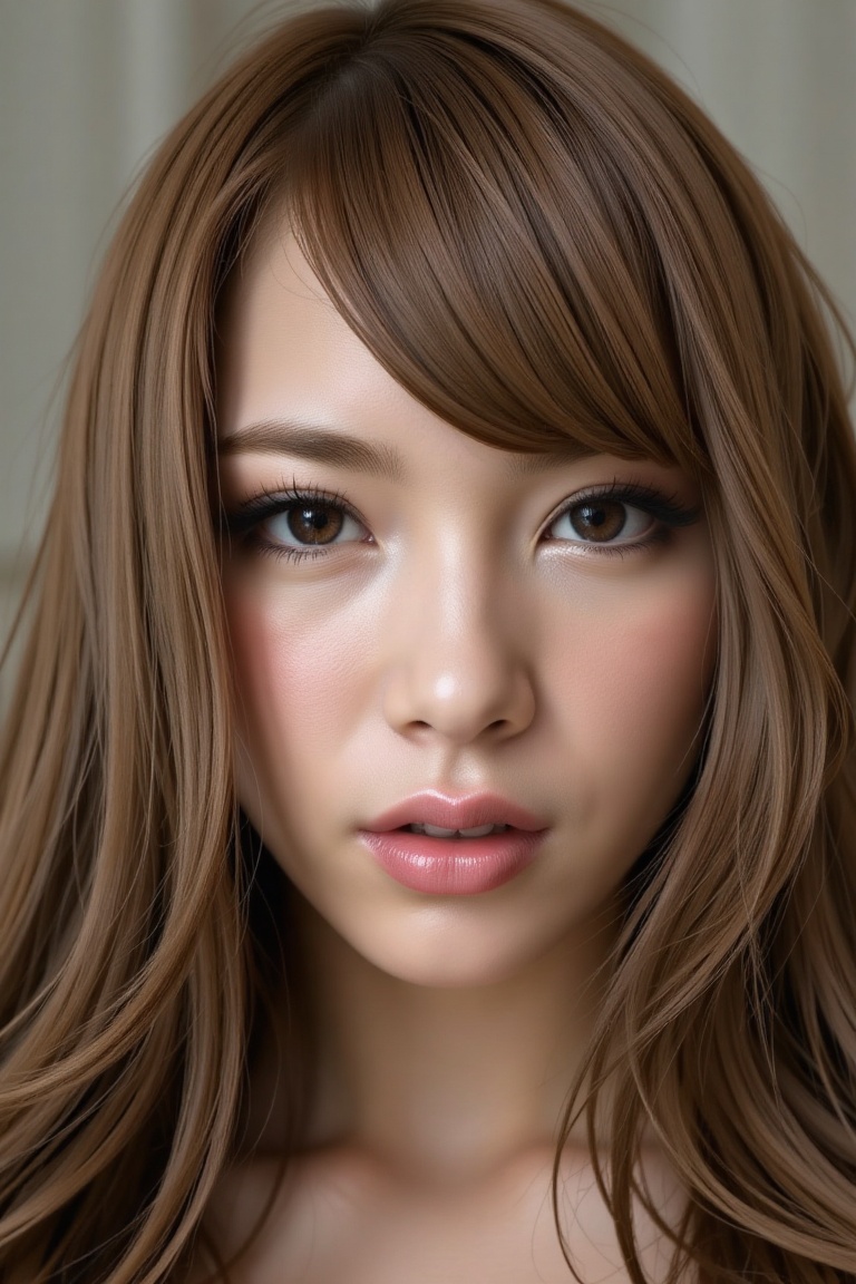 16K,  UHD:1.2,  1girl solo long hair looking at viewer bangs brown hair hair between eyes parted lips lips brown eyes port...