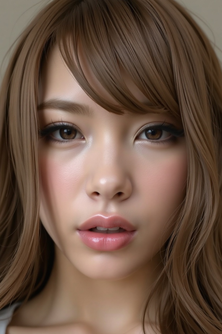 16K,  UHD:1.2,  1girl solo long hair looking at viewer bangs brown hair hair between eyes parted lips choker lips brown ey...
