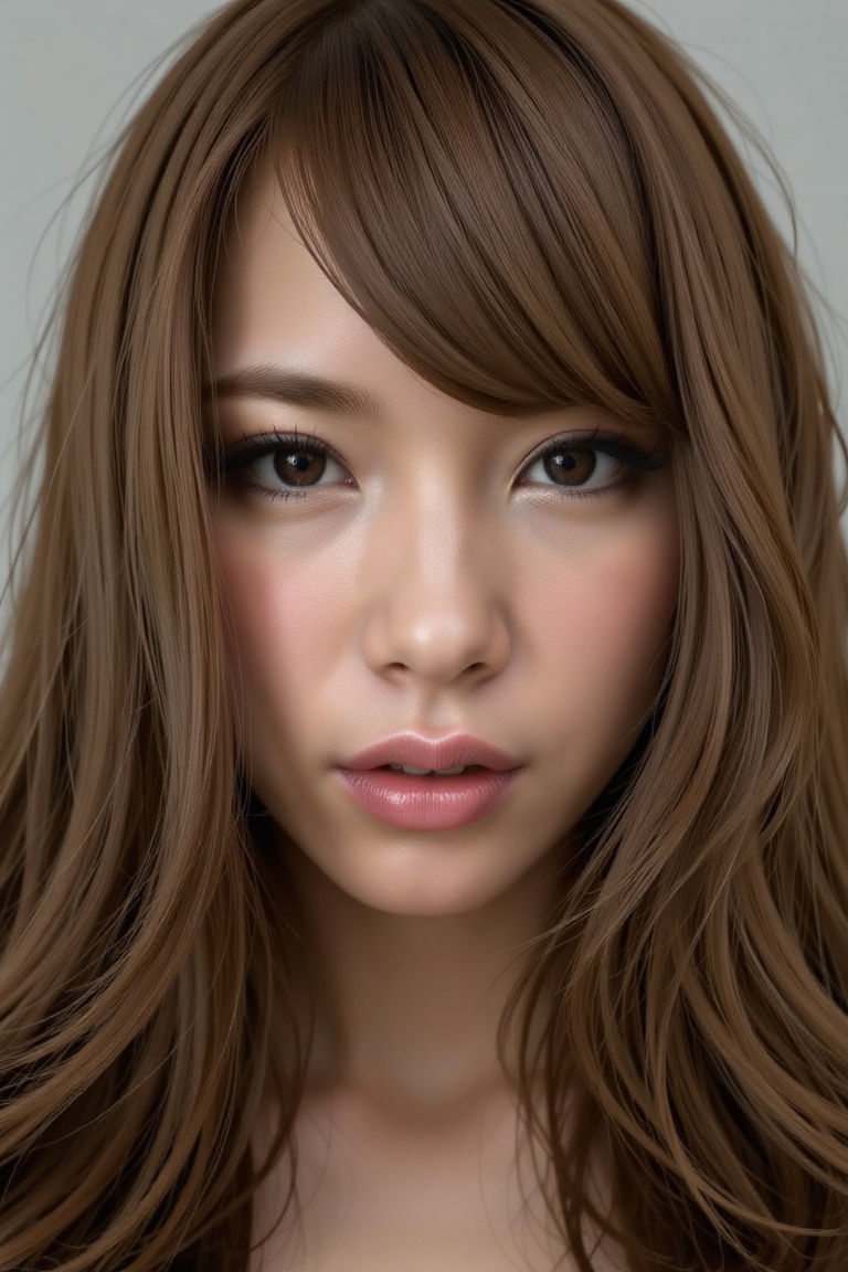 16K,  UHD:1.2,  1girl solo long hair looking at viewer bangs brown hair hair between eyes parted lips lips brown eyes port...