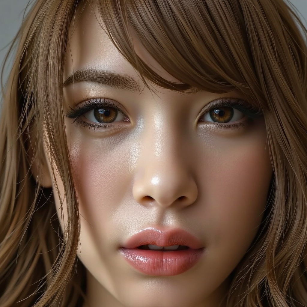 16K,  UHD:1.2,  1girl solo long hair looking at viewer bangs brown hair hair between eyes parted lips lips brown eyes port...