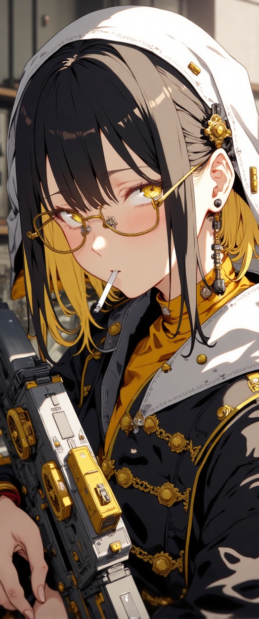 "A stylized,  anime-inspired female character with a half-black,  half-yellow hair on Tensor.Art
