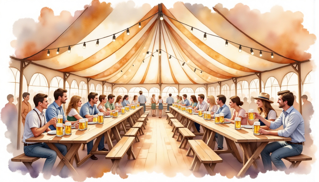 Watercolor illustration of an Oktoberfest tent interior,  long wooden tables,  people toasting with beer steins on Tensor.Art