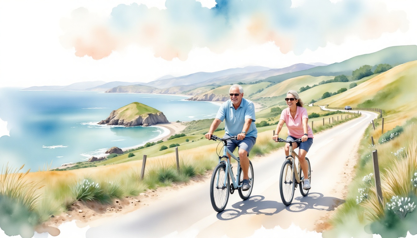 Watercolor depiction of Senior couple cycling along a coastal road ,  fotopets_watercolor on Tensor.Art