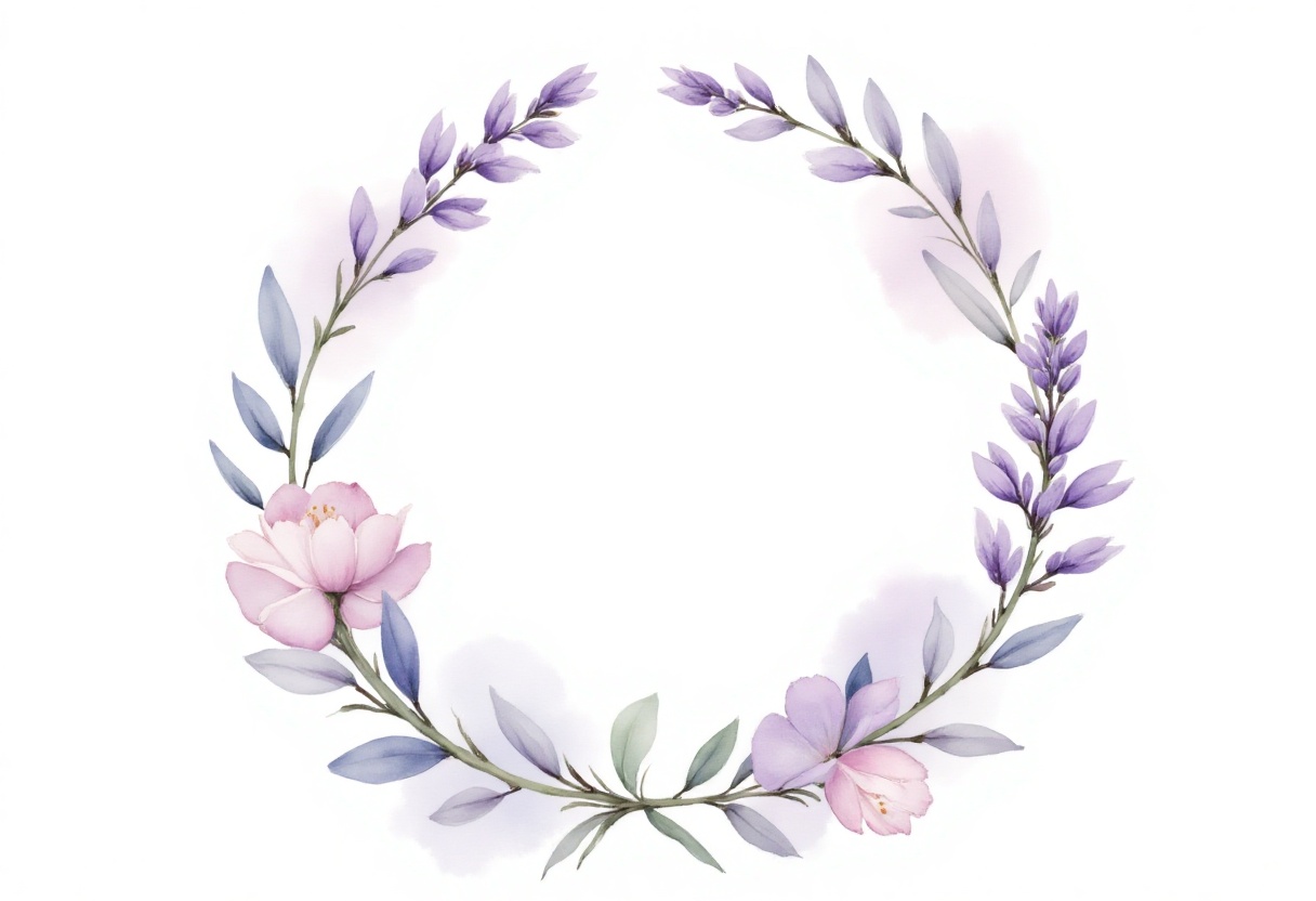 botanical round wreath of delicate lavender watercolor style arranged in perfect symmetry. This minimalist design captures...
