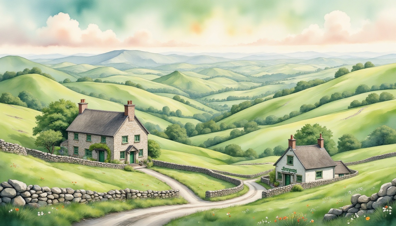 Hand-drawn vintage etching-style illustration of a traditional Irish landscape with rolling green hills,  a stone cottage,...