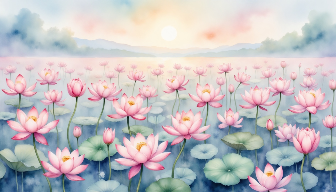 Watercolor illustration of a serene scene of a sea of pink lotus flowers.. Bright lotus flowers are densely scattered on t...