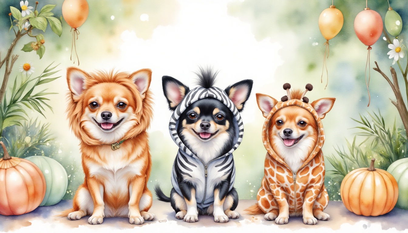 watercolor illustration,  full length picture of the sitting smiling happy chihuahuas: chihuahua in lion outfit with a hoo...