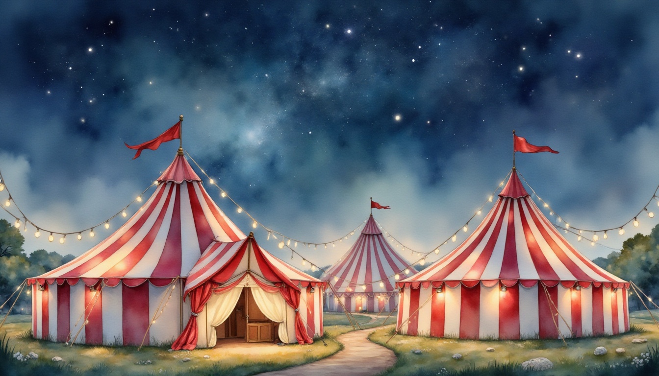 watercolor illustration,  A enchanting circus scene unfolds beneath a star-studded night sky,  where majestic red and whit...