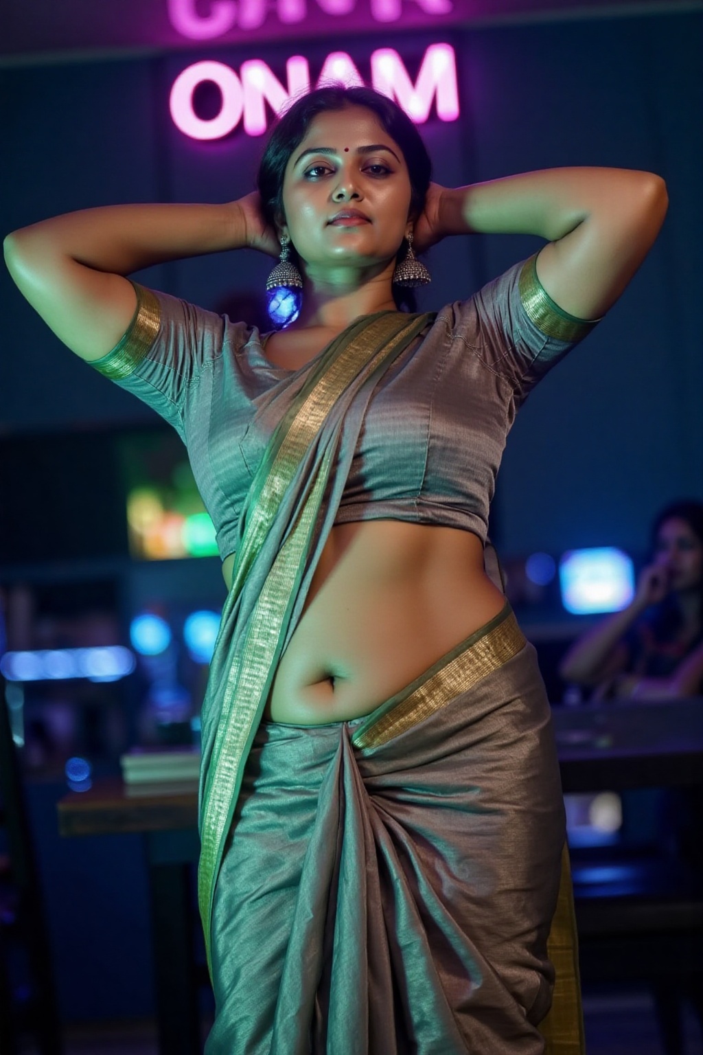 Create text "ONAM" ,  a music video Poster ,  A CUTE TRADITIONAL MALLU BEAUTY on Tensor.Art