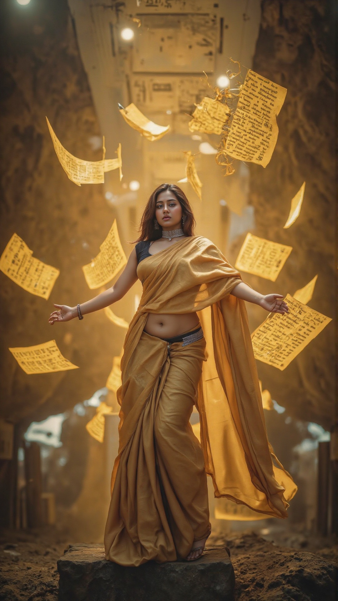 A cinematic shot of an Indian woman standing on a floating platform in a futuristic temple,  surrounded by levitating gold...