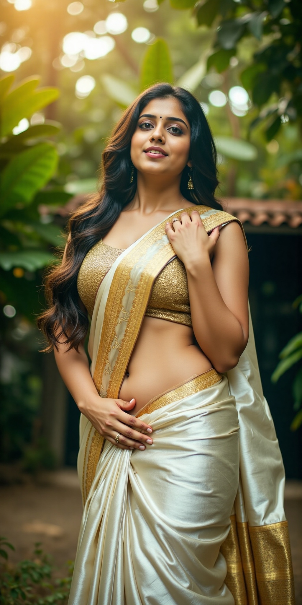 Ultra-realistic,  high-definition cinematic portrait of a mesmerizing young Indian woman in a traditional white and gold s...
