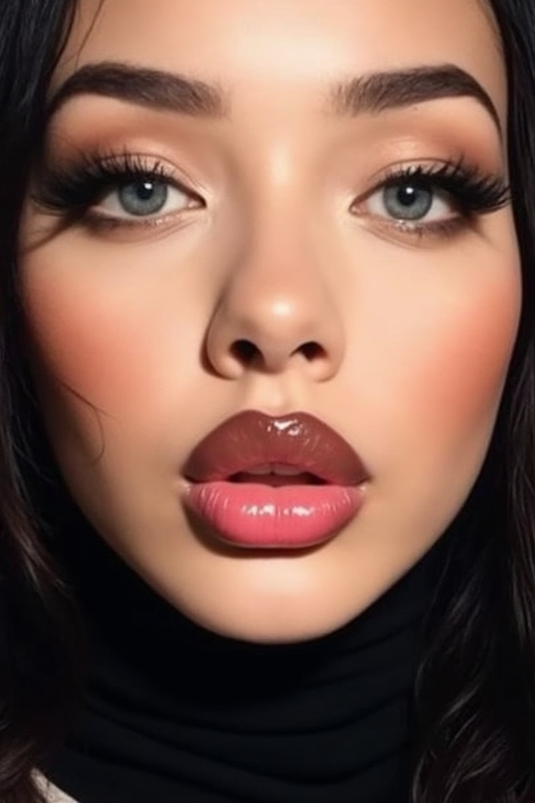An upclose shot of an Asian woman with thick lips and piercing grey colored eyes while wearing a turtleneck ,  the lips ar...