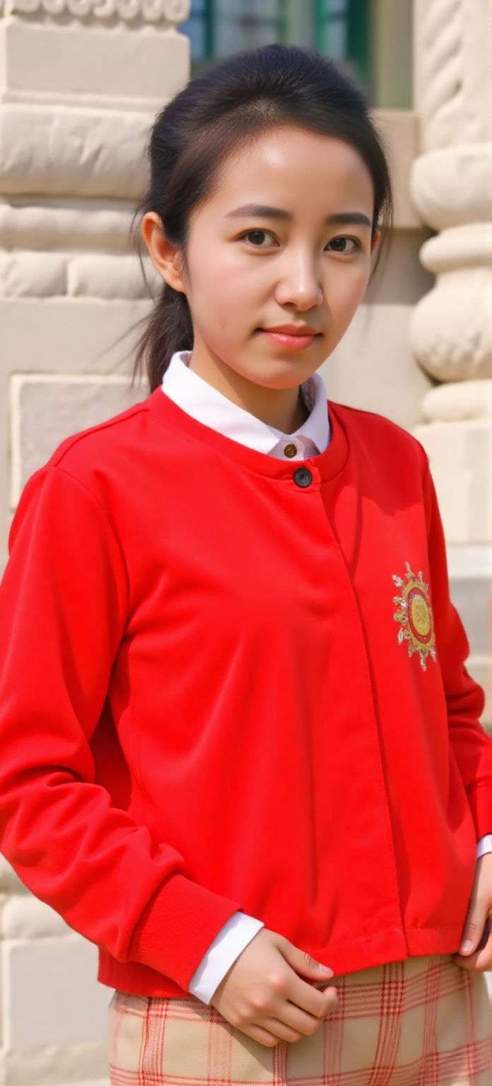 1 A cute little girl,  15 years old,  Wearing a red casual sportswear with white dots inside on Tensor.Art