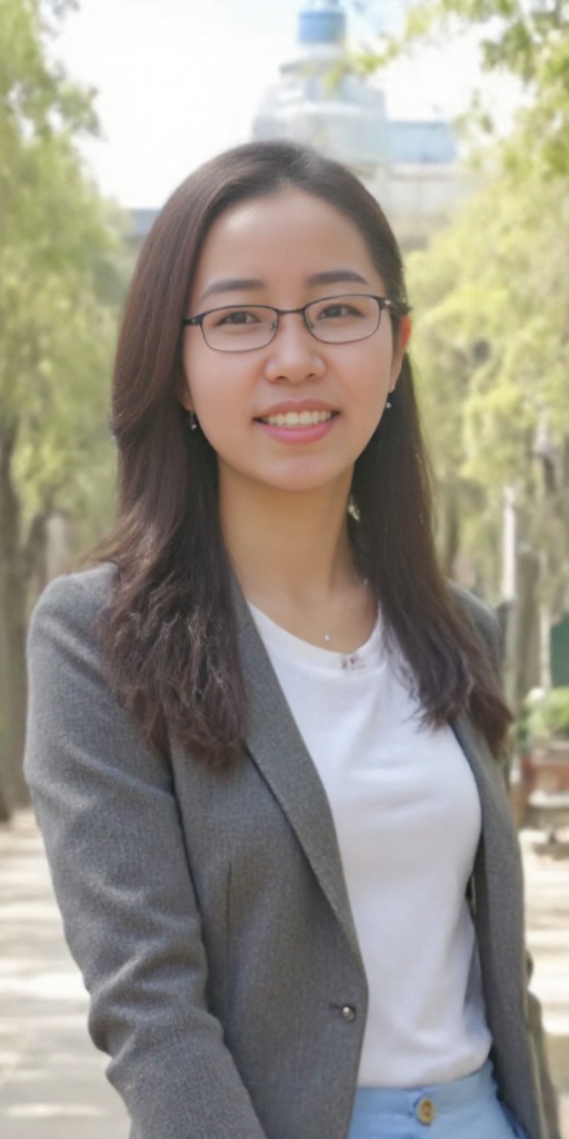 A photo of a very beautiful and pure Chinese girl named Qinqin at university,  with the background of the campus scenery,...