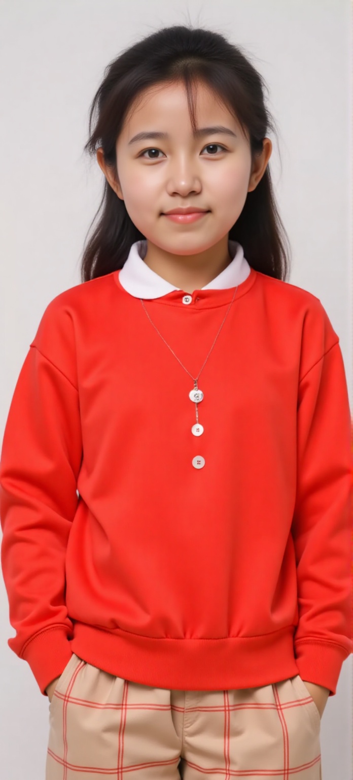 1 A cute little girl,  15 years old,  Wearing a red casual sportswear with white dots inside on Tensor.Art