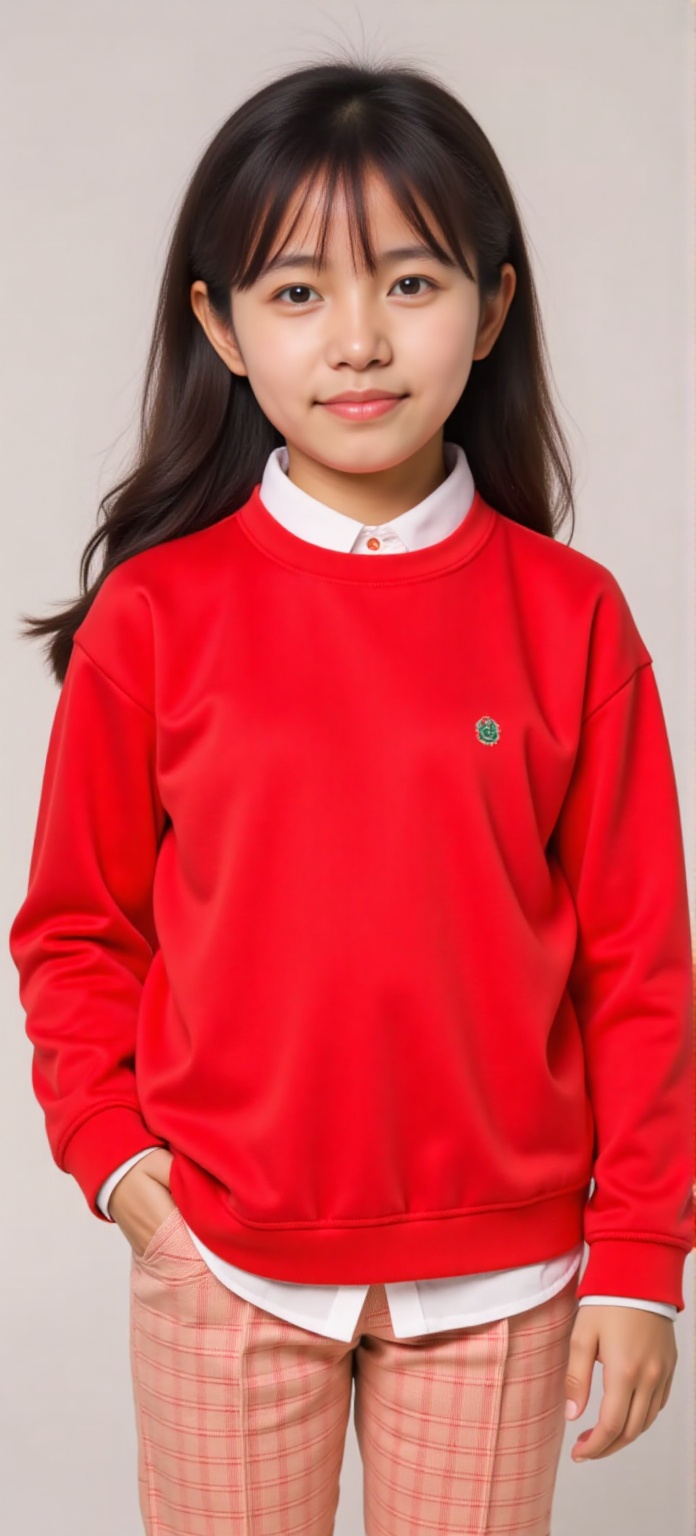 1 A cute little girl,  15 years old,  Wearing a red casual sportswear with white dots inside on Tensor.Art