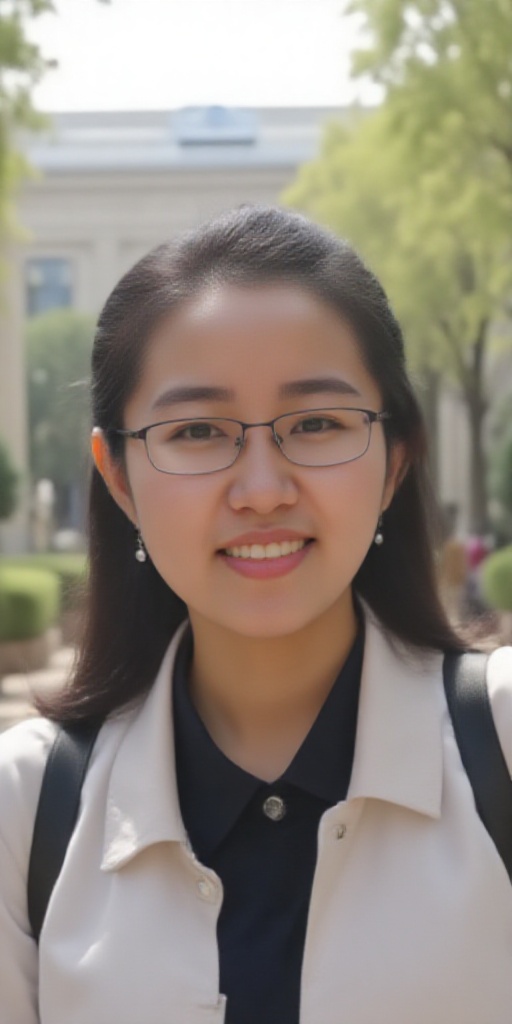 A photo of a very beautiful and pure Chinese girl named Qinqin at university,  with the background of the campus scenery,...