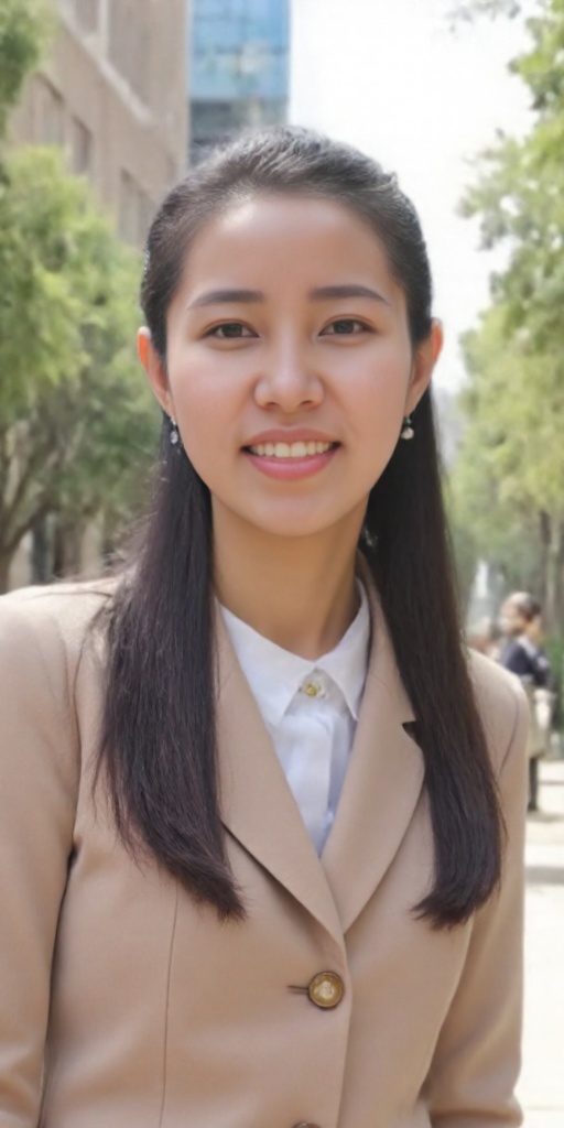 A photo of a very beautiful and pure Chinese girl named Qinqin at university,  with the background of the campus scenery,...