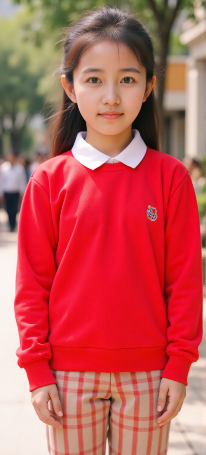 1 A cute little girl,  15 years old,  Wearing a red casual sportswear with white dots inside on Tensor.Art