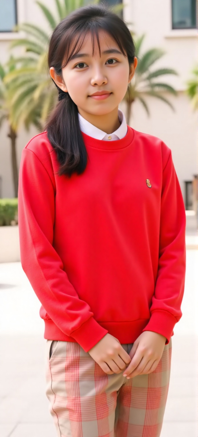 1 A cute little girl,  15 years old,  Wearing a red casual sportswear with white dots inside on Tensor.Art