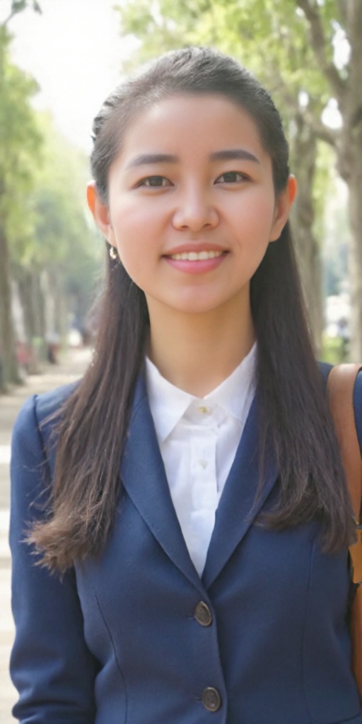 A photo of a very beautiful and pure Chinese girl named Qinqin at university,  with the background of the campus scenery,...