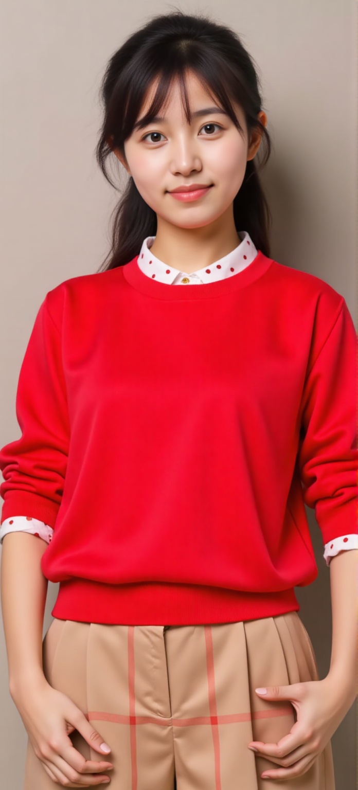 1 A cute little girl,  15 years old,  Wearing a red casual sportswear with white dots inside on Tensor.Art