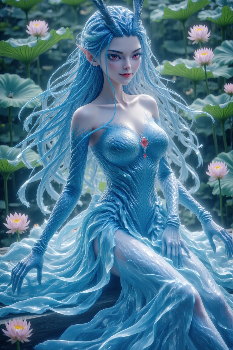 The image depicts a serene and enchanting scene with a character sitting on a wooden bench. The character has long,  flowi...