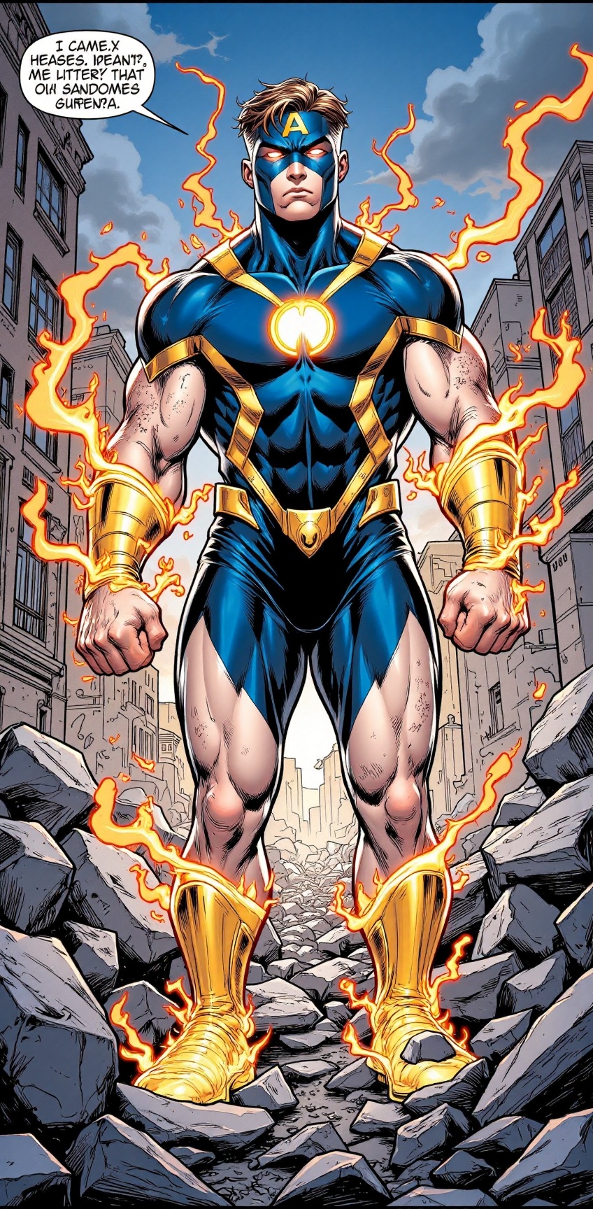 A breathtakingly detailed comic book illustration of a battle-worn superhero standing amidst the rubble of a fallen city....