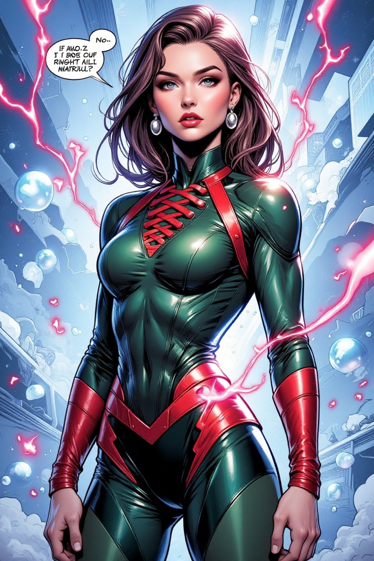 The image shows a person standing in front of a backdrop that reads "Marvel Comic." The individual is wearing a form-fitti...