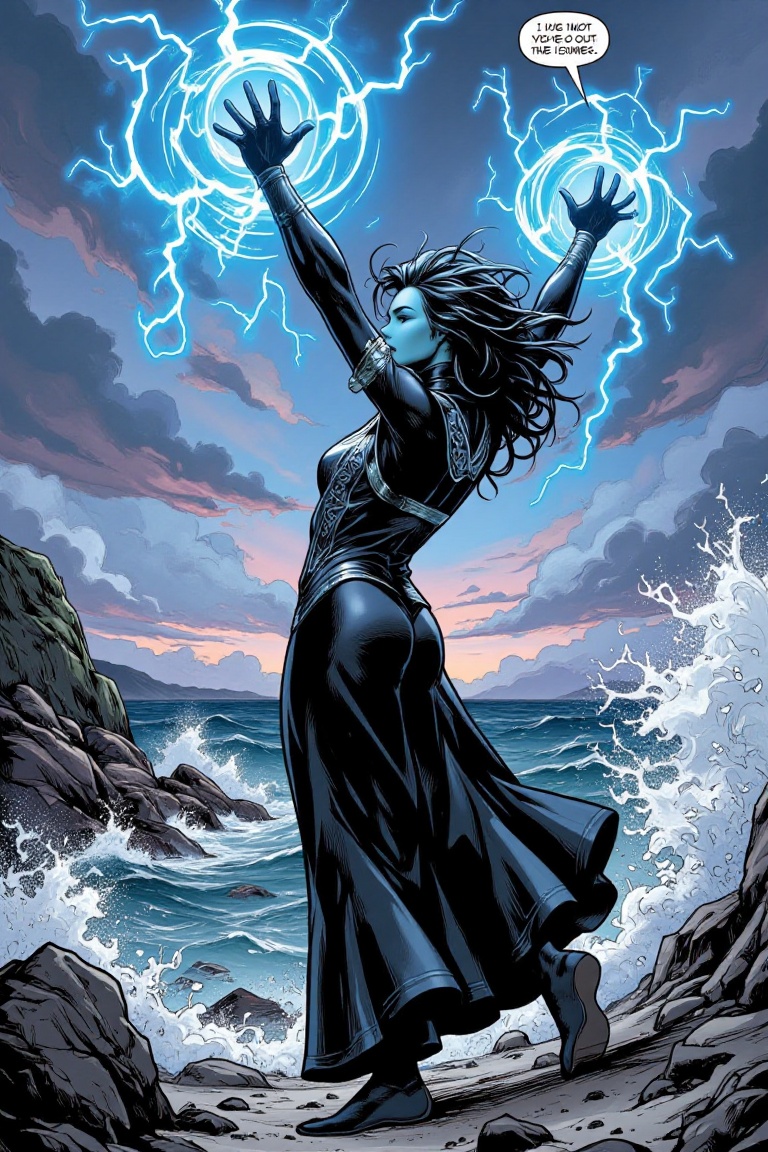 The image depicts a fantasy scene with a woman standing on a rocky shoreline,  facing the ocean. She is dressed in a flowi...