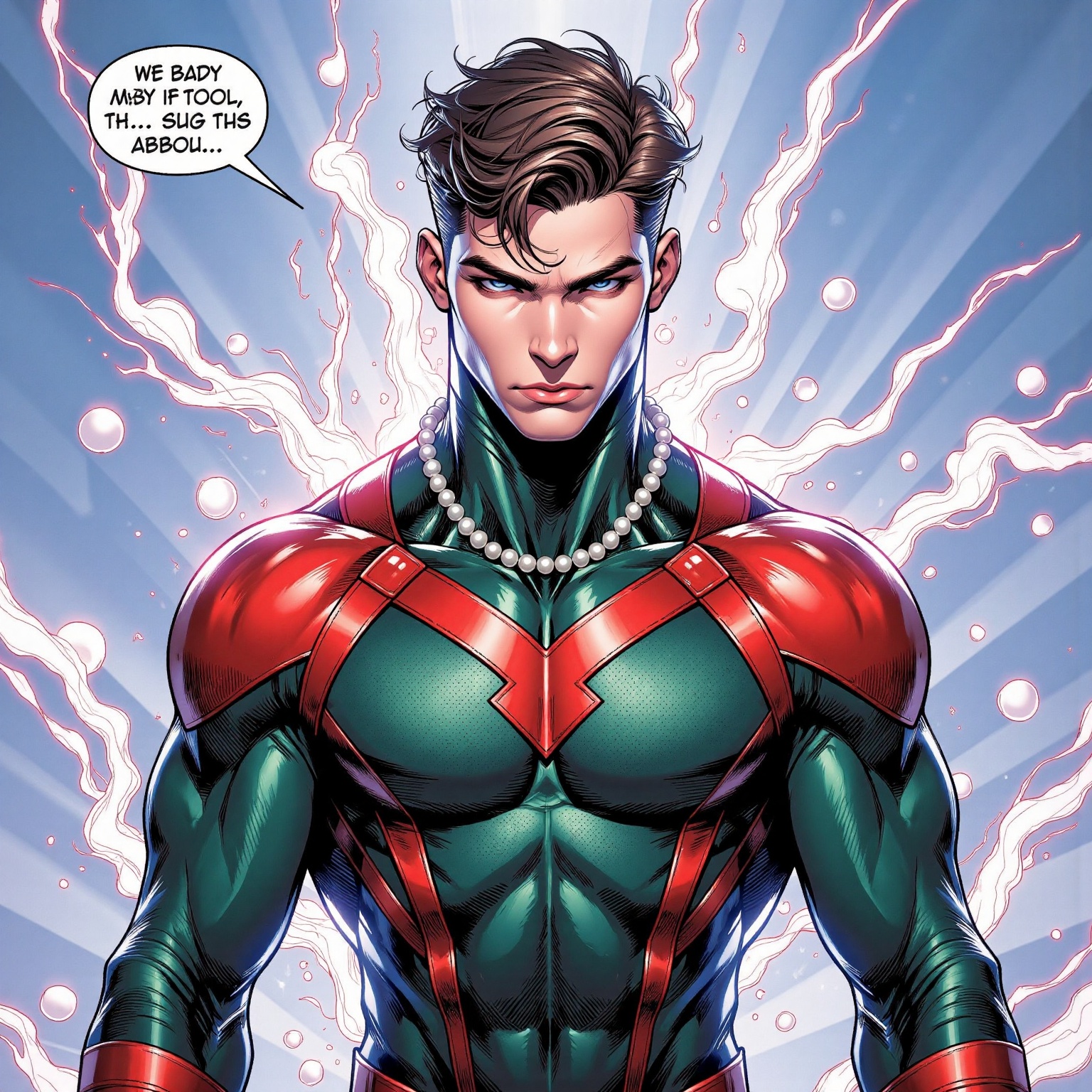 The image shows a person standing in front of a backdrop that reads "Marvel Comic." The individual is wearing a form-fitti...