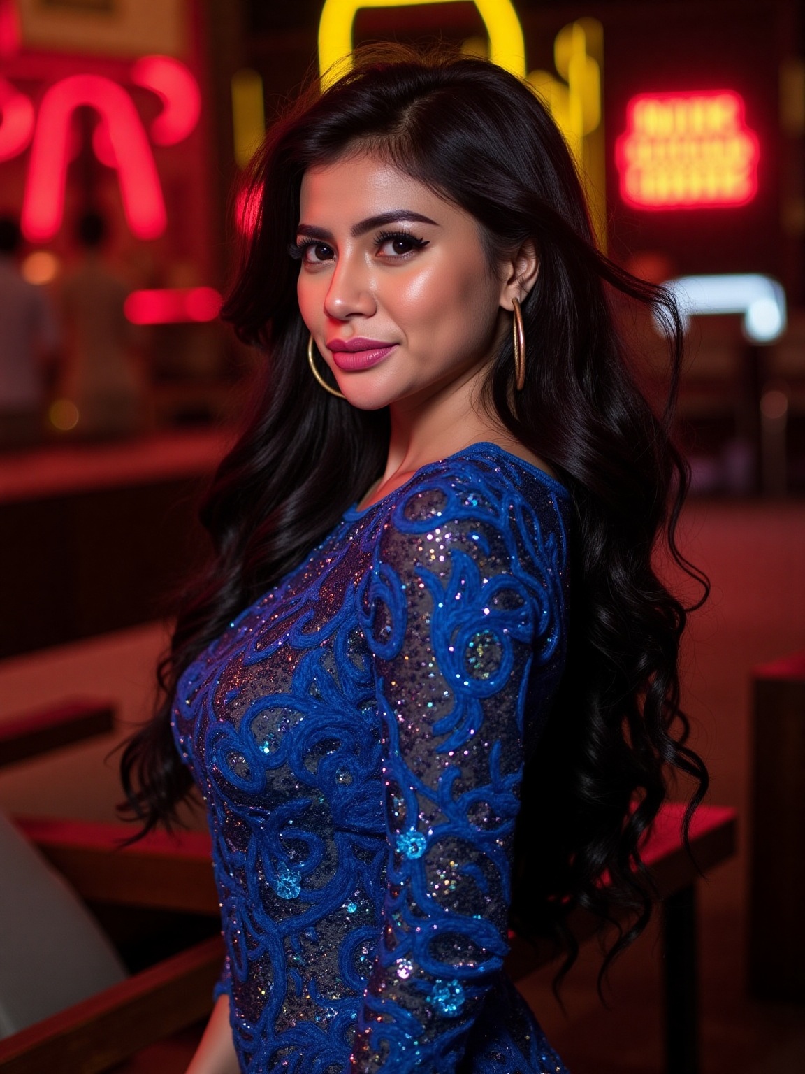 This is a high-quality,  wide close shot,  professional photograph of a young Southeast Asian woman with dark brown eyes o...