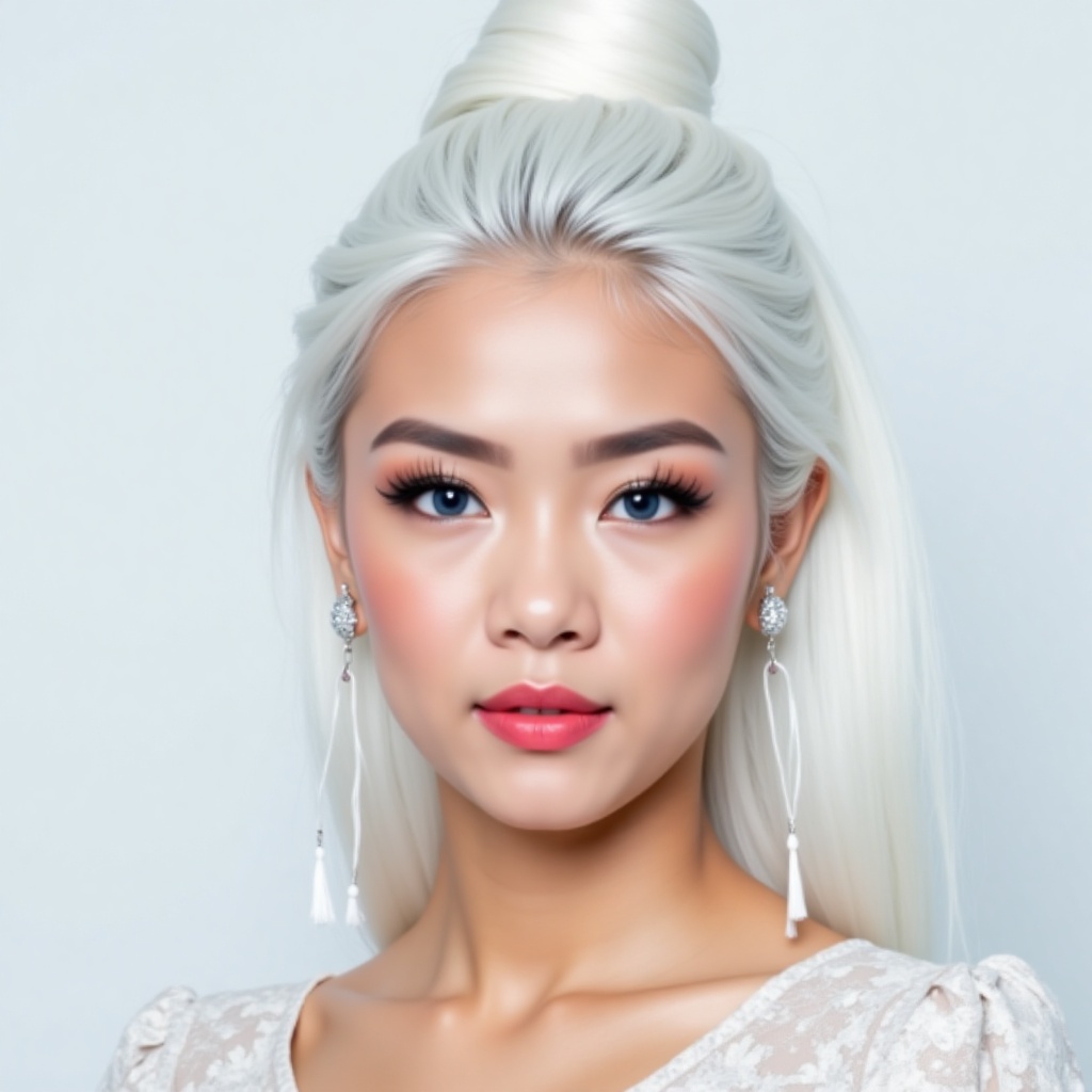 showing an Indonesian girl with long white hair in a bun up,  beautiful face,  make-up on Tensor.Art