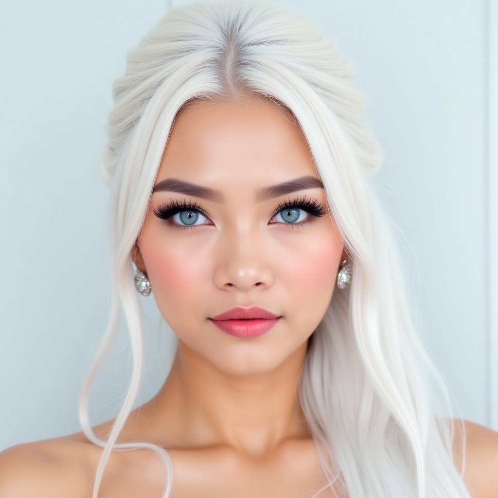 showing an Indonesian girl with long white hair in a bun up,  beautiful face,  make-up on Tensor.Art