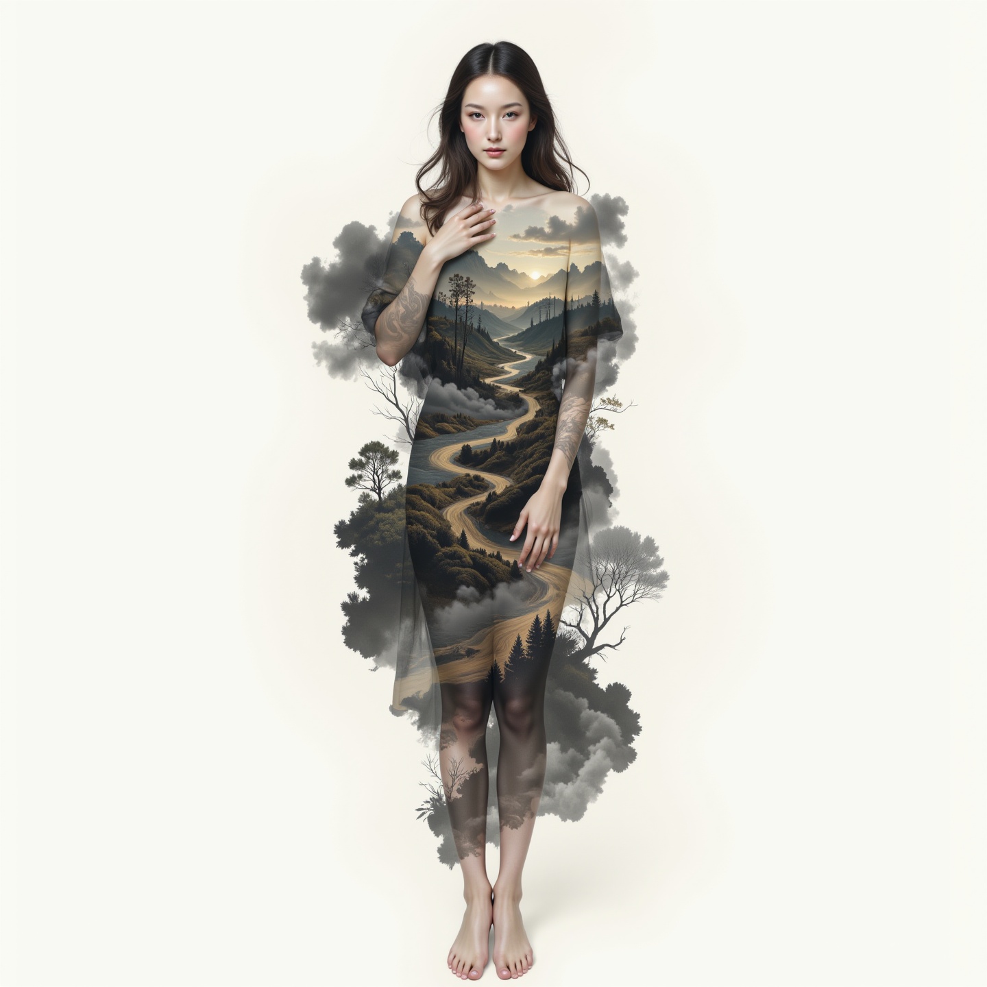 Surreal digital illustration painting in the style of Asa CHEN,  Mystical beauty stands barefoot,  shrouded in charcoal pe...