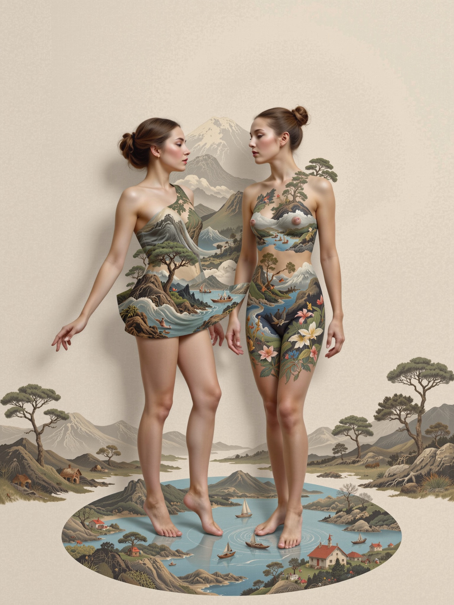 (2 beautiful Latin American women ,  surreal photography,  relative perspective on Tensor.Art