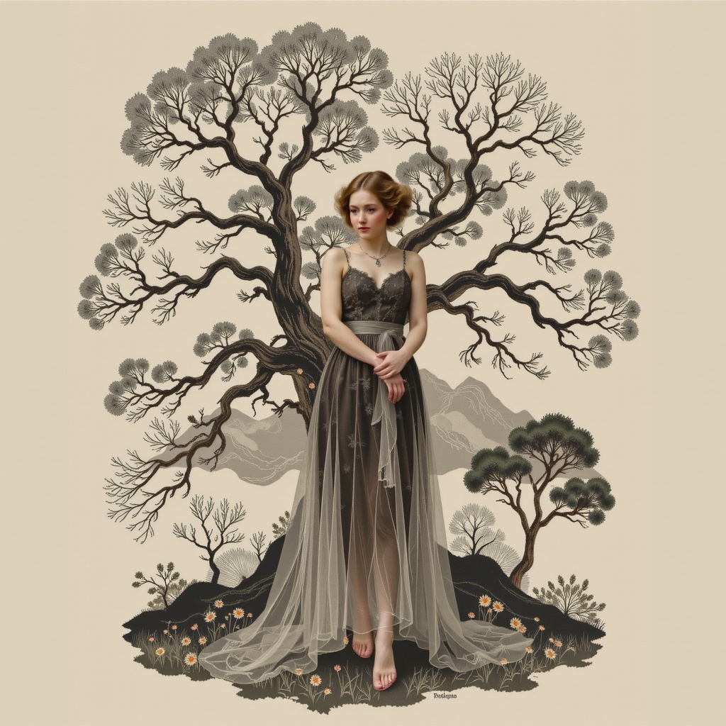Surreal digital illustration painting in the style of Asa CHEN,  image view,  beautiful girl in a gauze dress on Tensor.Art