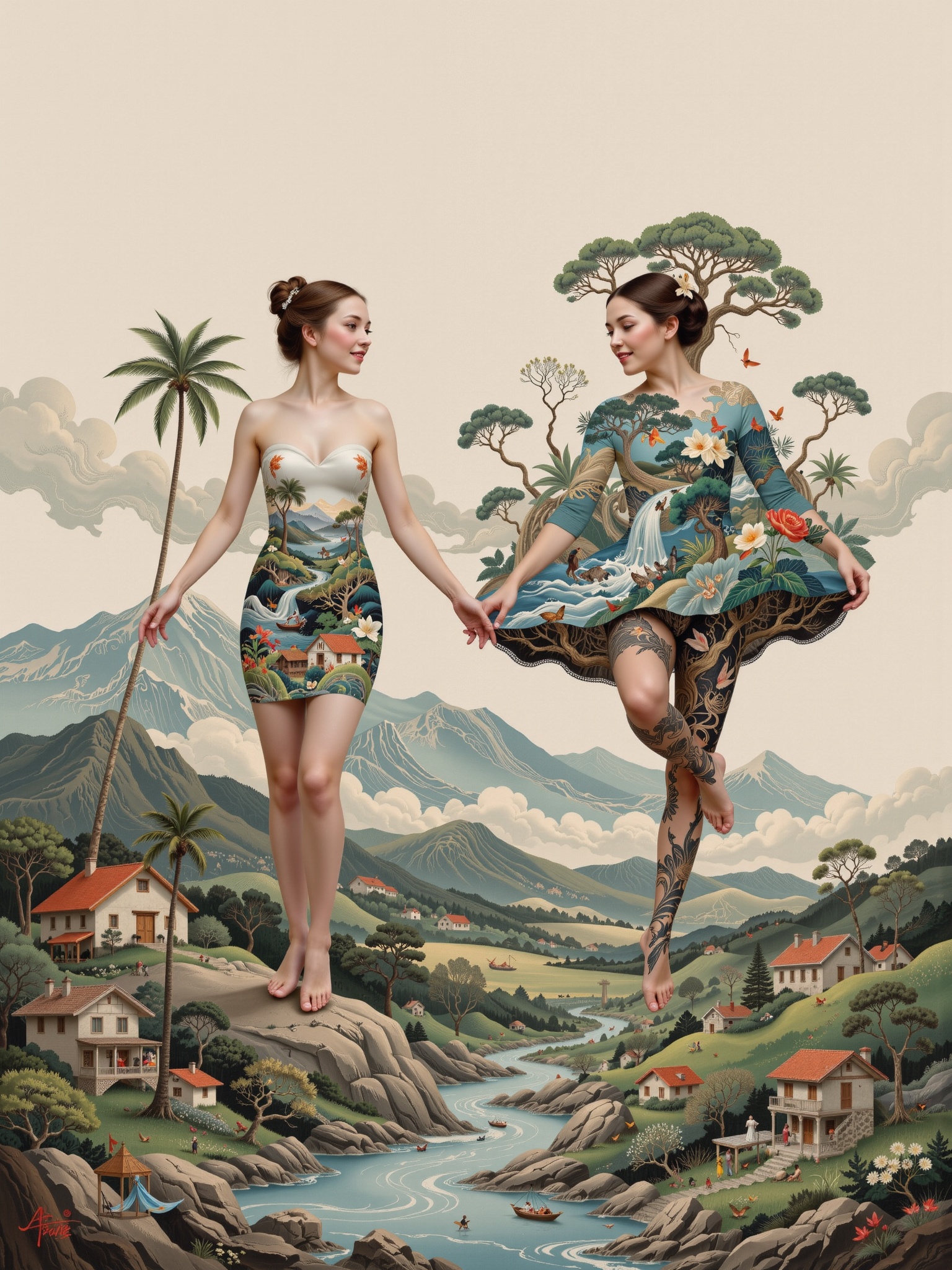 (2 beautiful Latin American women ,  surreal photography,  relative perspective on Tensor.Art