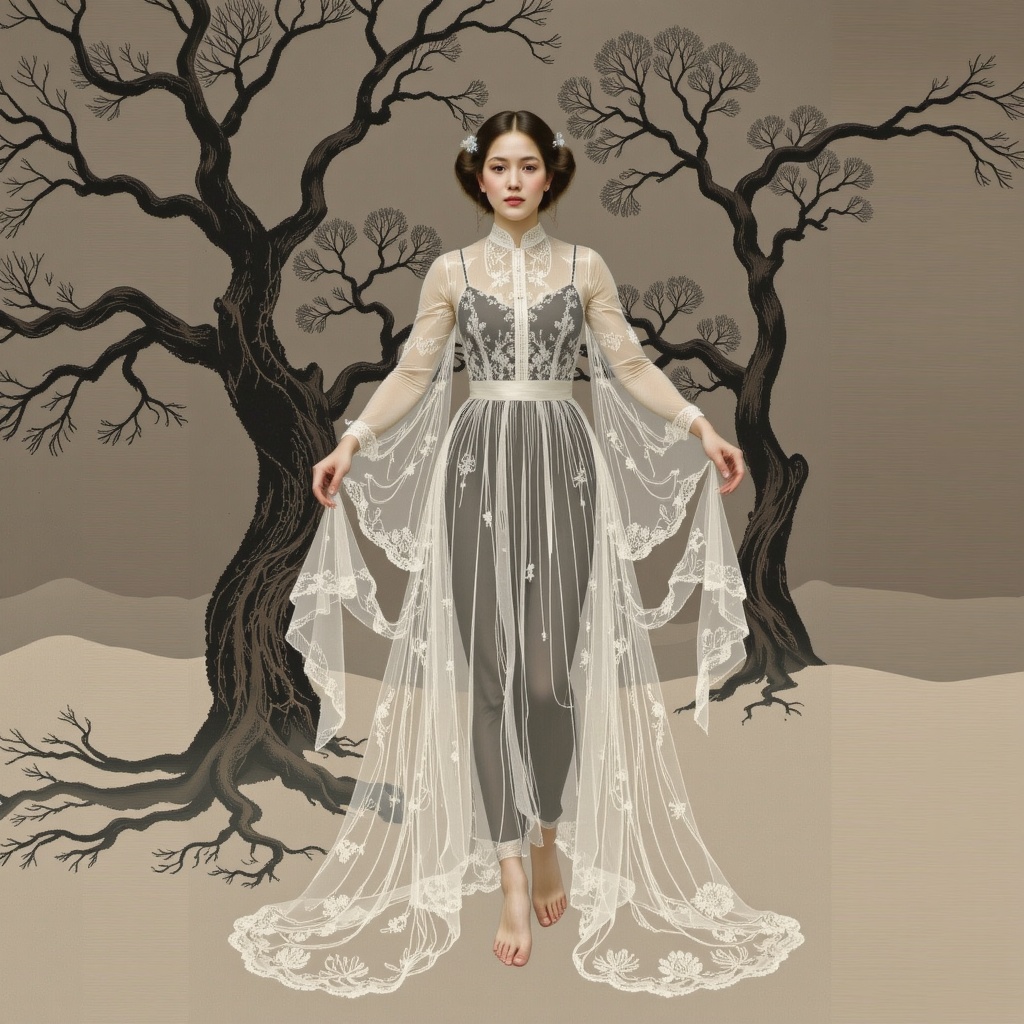 Surreal digital illustration painting in the style of Asa CHEN,  image view,  beautiful girl in a gauze dress on Tensor.Art