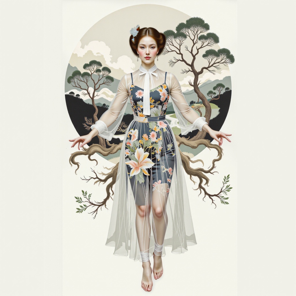 Surreal digital illustration painting in the style of Asa CHEN,  image view,  beautiful girl in a gauze dress on Tensor.Art
