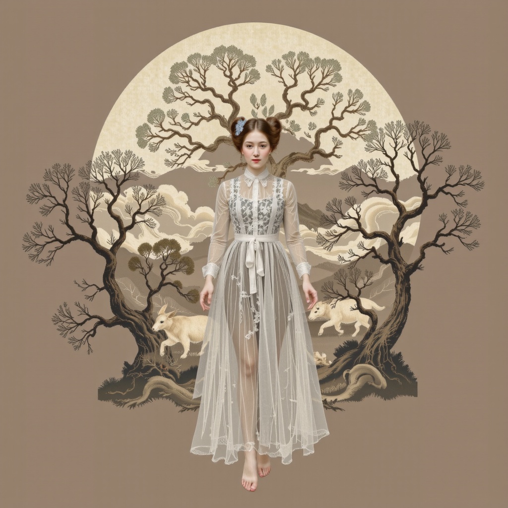 Surreal digital illustration painting in the style of Asa CHEN,  image view,  beautiful girl in a gauze dress on Tensor.Art