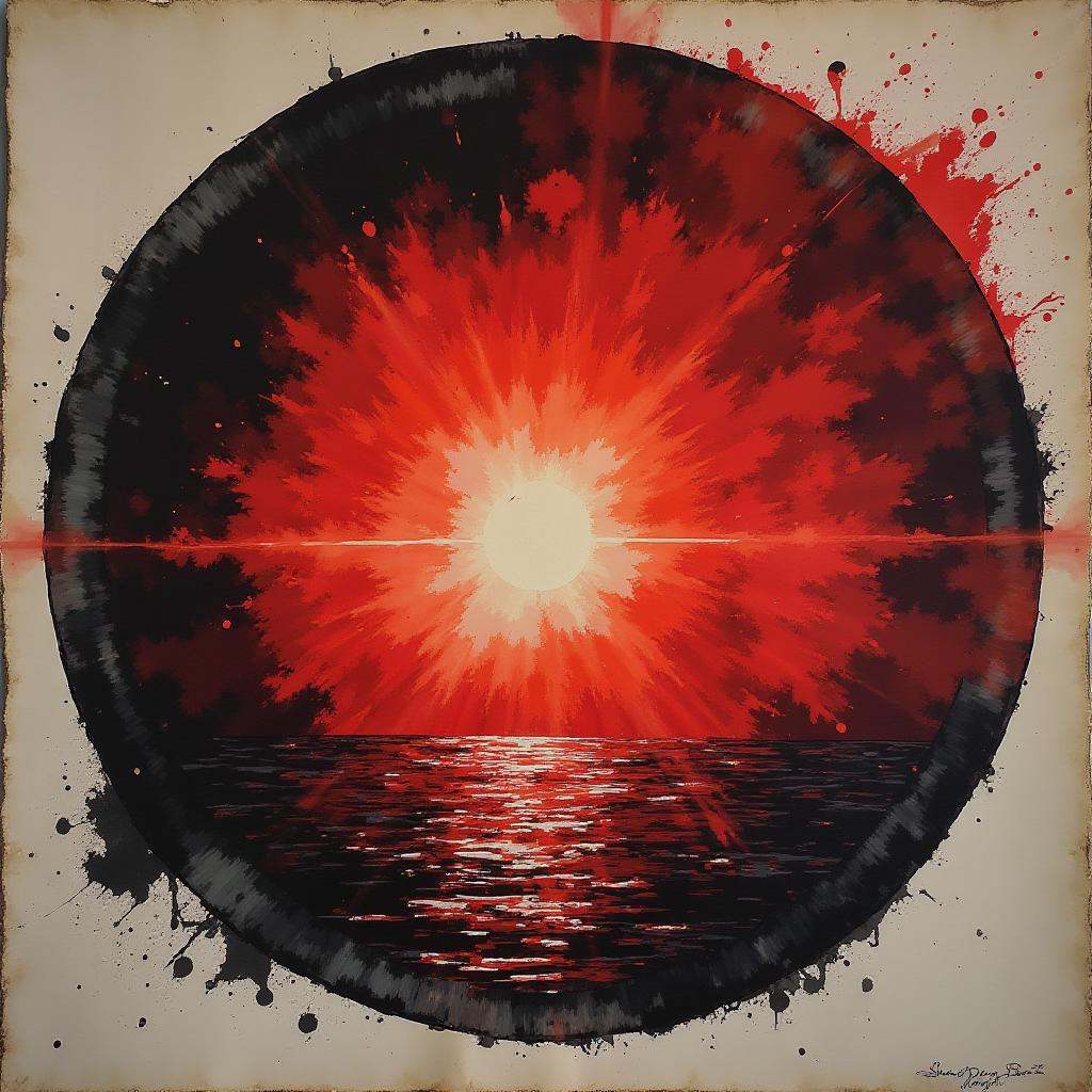red sunset and dark black sea,  beach scenery,  detailed on Tensor.Art